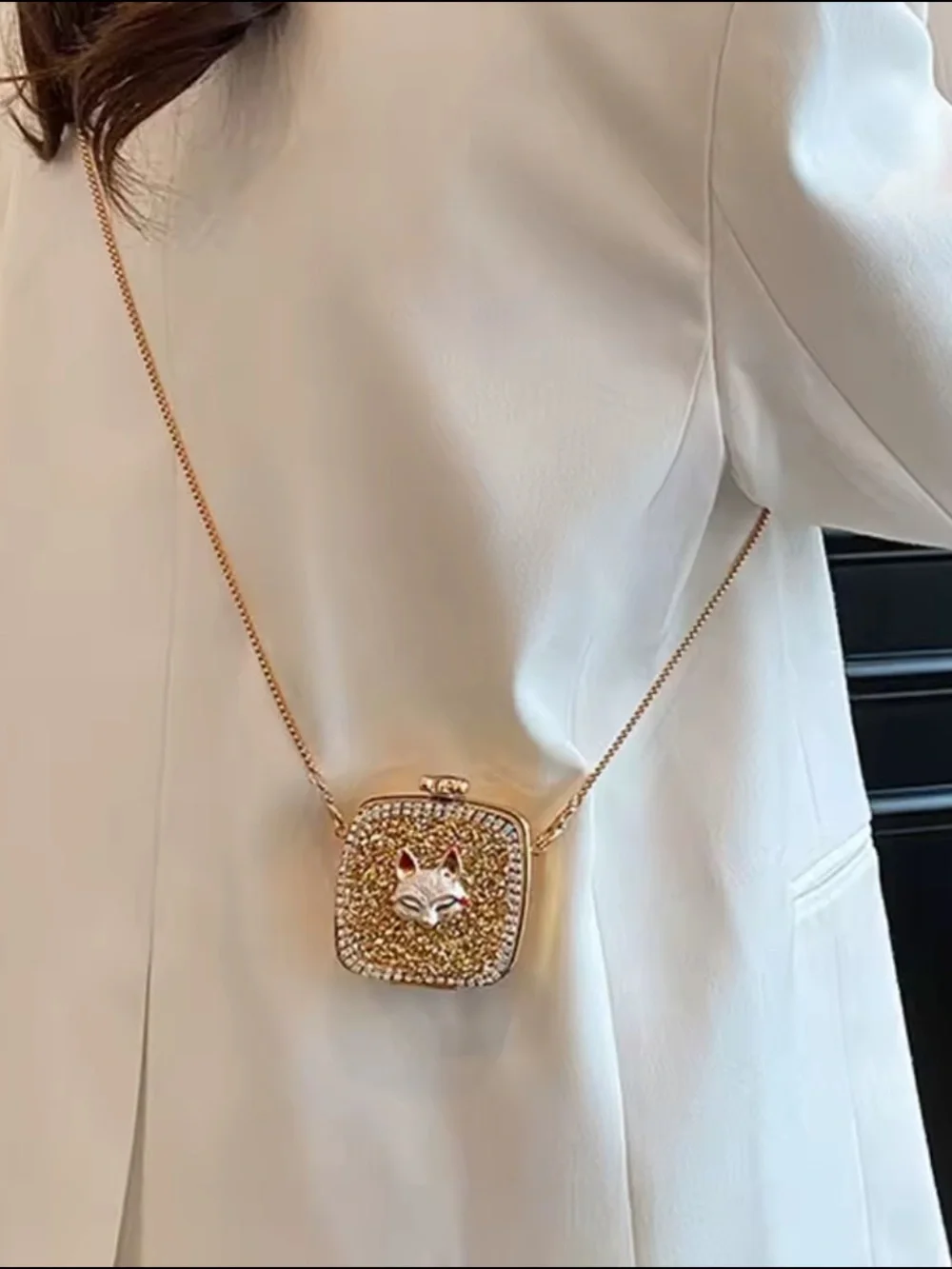 Gold Crystal Fox Box Clutch Crossbody Bag | Rhinestone Evening Mini Purse